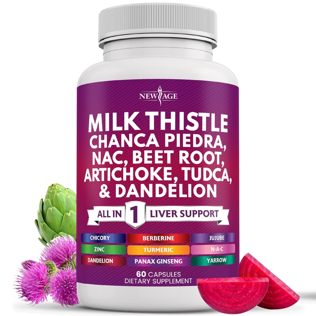 NEW AGE Milk Thistle NAC Chanca Piedra Beet Root Artichoke Dandelion Root Astragalus - Plus TUDCA & Ginger - 60 Tel.
