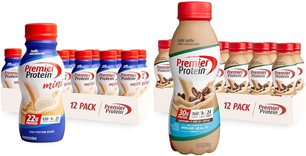 Premier Proteïne Shake MINI's Vanille 22g Proteïne 120 Calorieën Verpakking van 12 & Café Latte 30g Proteïne 160 Calorieën Voedingsstoffen voor Immune Health Pack van 12