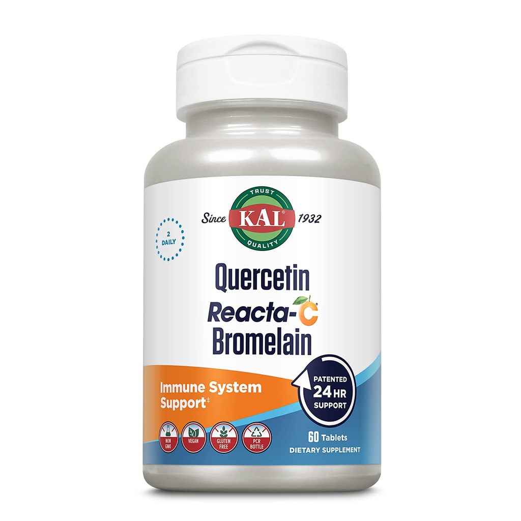 KAL Quercetine Reacta-C Bromelain Immune Support Supplement, 24-uurs Immune Defense met Bioflavonoïden, Vitamine C 1000mg en quercetine 500mg, Veganistisch, Glutenvrij, 60-dagen garantie, 30 Serv, 60 tabletten