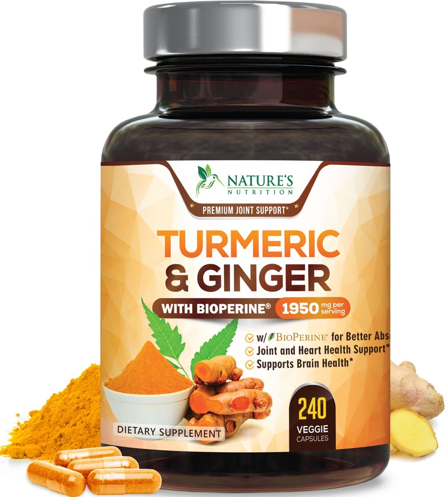 Kurkuma Curcumin Supplement 1950mg - 95% Curcuminoïden met Biologische Kurkuma & Gember, BioPerine Black Pepper voor Beste Absorptie, Nature's Vegan Joint Support, Non-GMO, Gebotteld in de VS - 240 Capsules
