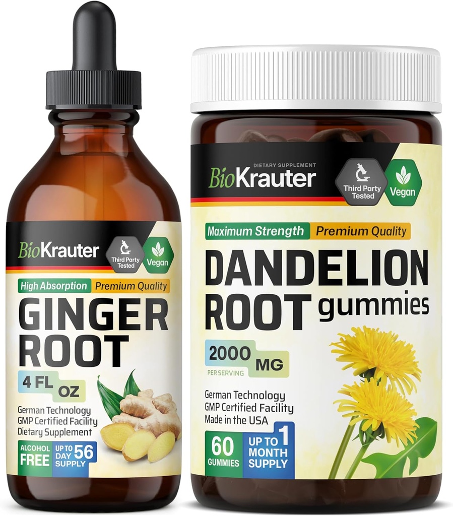 BIO KRAUTER Gemberwortel Tinctuur 4 Fl. Oz. & Dandelion 60 Gummies