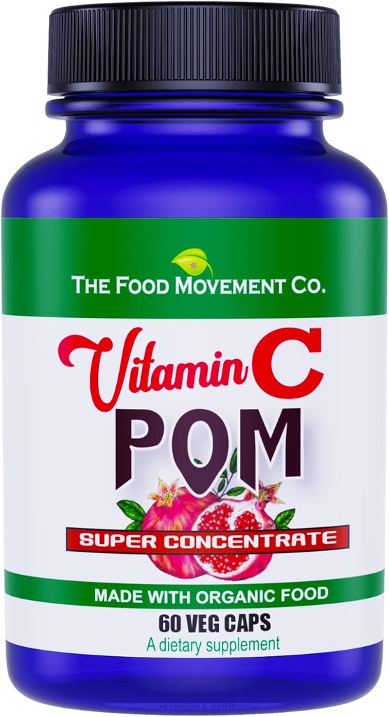The Food Movement Vitamine C Pom - Granaatappel superfood Concentraat gecombineerd met 100% plantaardige vitamine C van biologische Acerola Cherry en Camu Camu- Vegan - Glutenvrij - 60 capsules