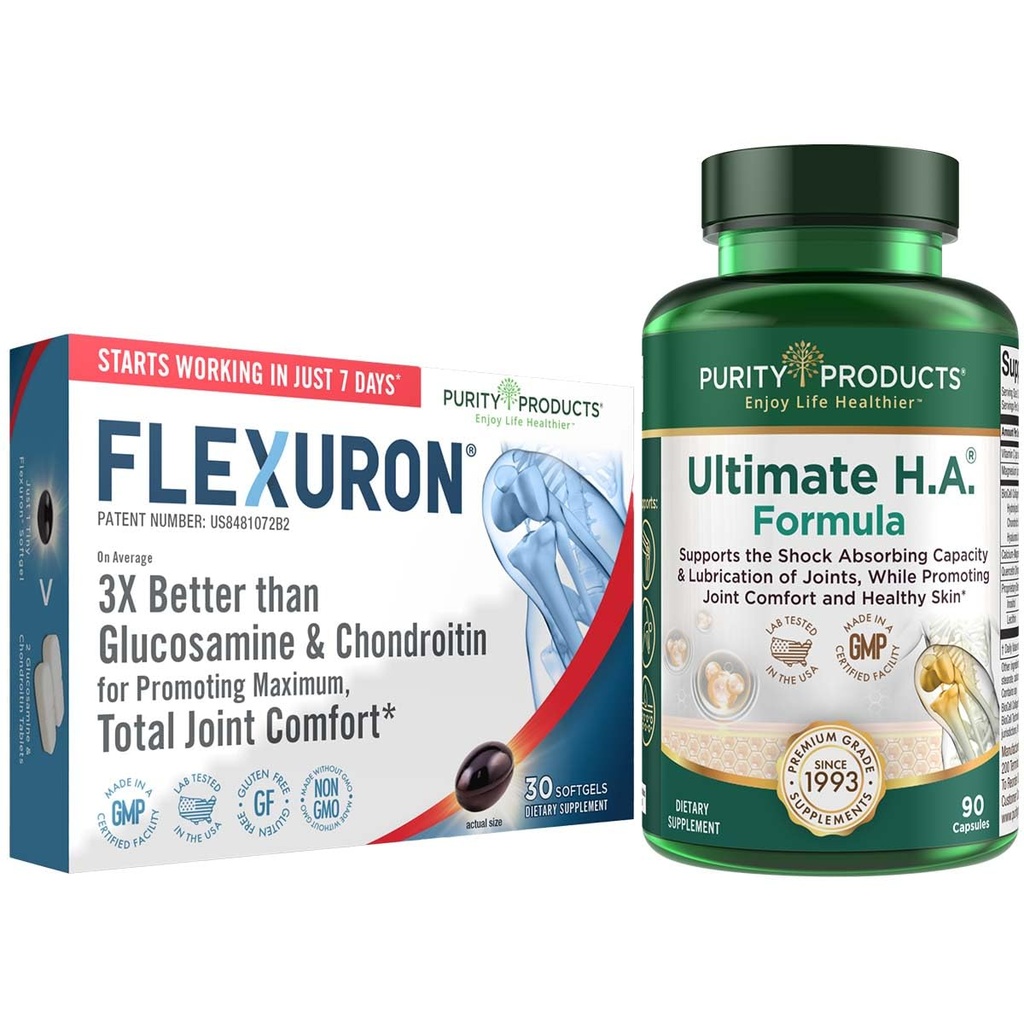 Zuiverheid Producten Flexuron Joint Formula + Ultimate HA Flexuron (Krill Oil, Low Molecular Weight Hyaluronic Acid, Astaxanthine) - Ultimate H.A. (BioCell Collageen, Quercetin, Hyaluronic Acid + More)