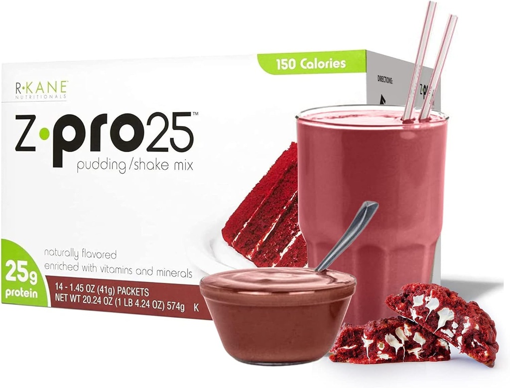 R-Kane Nutritionals Z-Pro Red Velvet Protein Drink Mix - hoog eiwit, lage calorie laag vet Shake en Pudding Mix - Maaltijden Vervanging, On-The-Go Packets - Ontbijt Boost - 25g Proteïne - 14 Packets