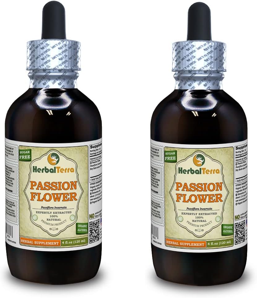 Passiebloem (Passiflora Incarnata) Tinctuur, Biologische Gedroogde Kruidenvloeistof Extract (Grote Naam: HerbalTerra, Trots Made in USA) 2x4 fl.oz (2x120 ml)
