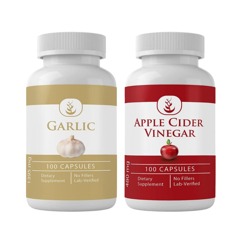 PURE ORIGINEEL INGREDIËNTEN Knoflook & Apple Cider Vinegar Capsule bundel (100 capsules elk), Geen additieven of fillers, Lab geverifieerd