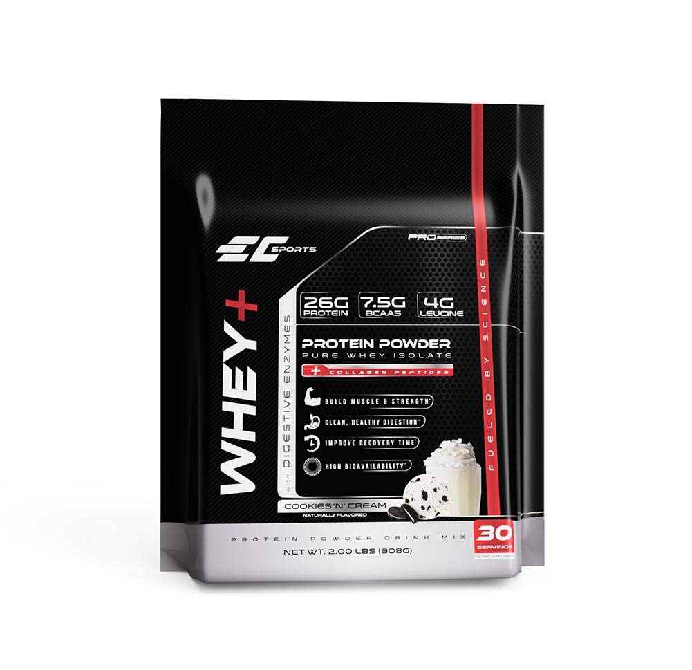 EC Sports Whey+ Protein Powder, Cookies n Cream Drink Mix w/Digestieve Enzymes - Isolaat Supplement, Collageen Peptides w/Faster Reform - 30 porties