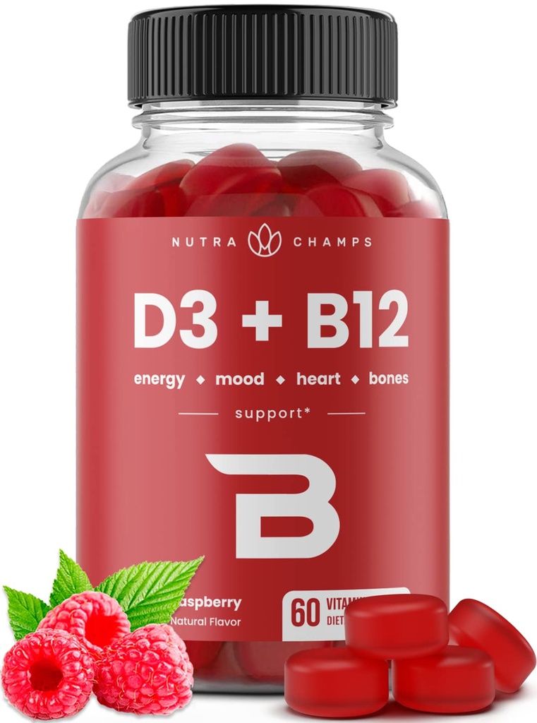 NutraChamps Vitamine D3 & B12, Methyl B12 Gummies voor volwassenen en kinderen, verbeterd met vitamine D 3 & B9 Vitamine Folate, Natuurlijke Energie, Mood, Metabolisme & Focus, Framboos, 60 Gummies