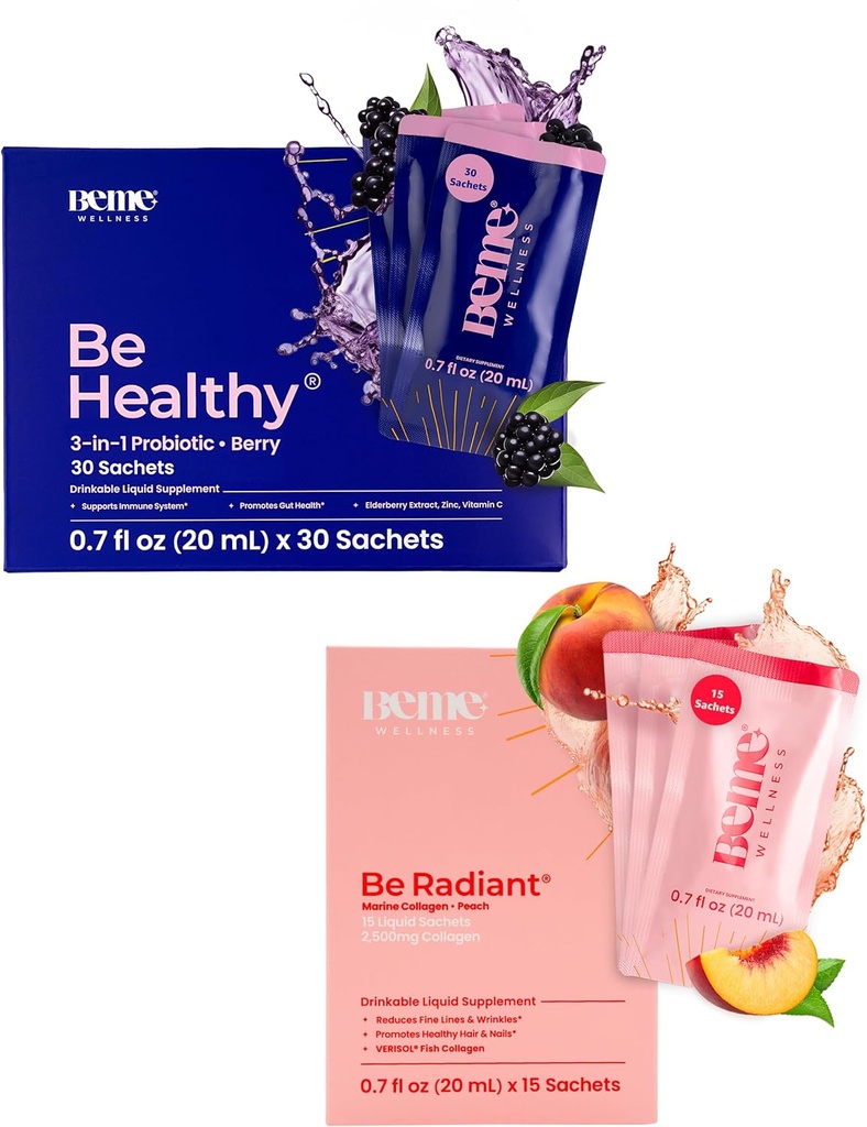 BeMe BeRadiant Peach Bundle - Liquid Probiotics & Liquid Collageen Drink Supplementen