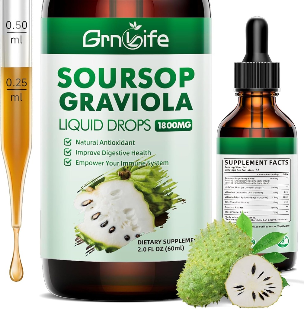 (1 Pack) Soursop Graviola Liquid Drop with Sea Moss & Turmeric, Soursop Bitters Liquid for Cell Support & Regeneratie, Antioxidant and Immune, 2 Fl/Oz