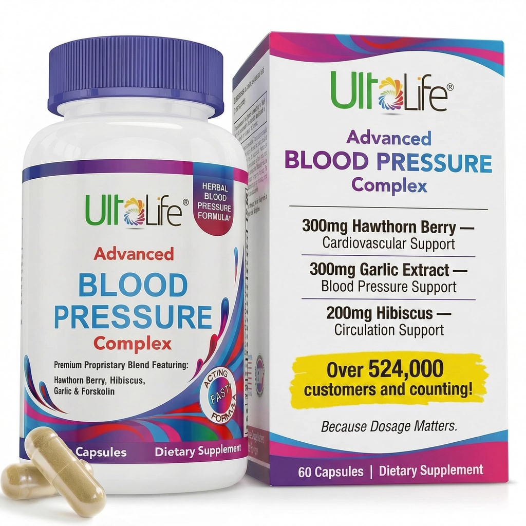 ULTALIFE Blood Pressure Supplements - Advanced Blood Pressure Supplement Complex - Hawthorn Berry, Hibiscus, Knoflook, Forskolin - 14 Vitamines & Herbs, 30 dagen levering in Veggie Capsules