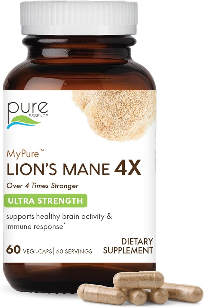 PURE ESSENCE LABS MyPure Lion's Mane 4X - Ultra Strength Brain Support Supplement met 6:1 Warm water Extract & 10:1 Extract voor cognitieve gezondheid, focus, geheugen en geestelijke helderheid, 60 capsules