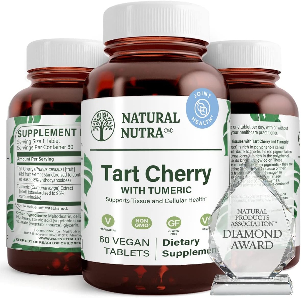 Natuurlijke Nutra Tart Cherry Extract met Kurkuma Curcumin, helpt verminderen spierpijn, Ondersteunt Immune System, Bevordert Joint Health, Verbetert Slaapkwaliteit, Vegan, Vegetarisch, Glutenvrij, 60 tabletten