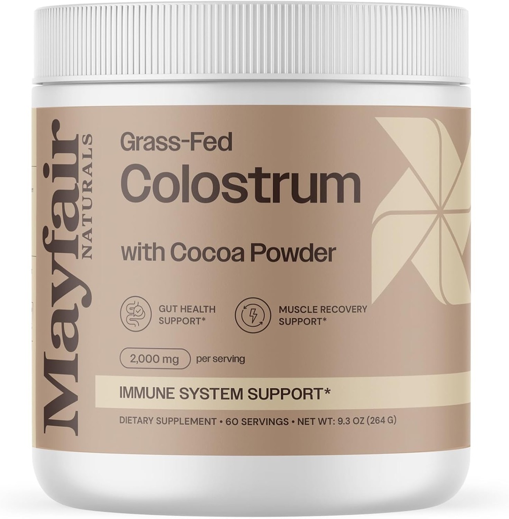 Gras-Fed Bovine Colostrum Supplement met cacaopoeder, voor kinderen & volwassenen, Immune System Support, Gut Health en Muscle Recovery, 60 porties