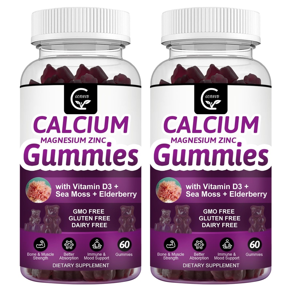 Calcium Magnesium Zink Gummies met hoge absorptie Magnesium Glycinate Kalium - Plant Complex Calcium Magnesium 2:1 Ratio, met D3 Zee Mos voor bot, spieren, Immune & Slaap Ondersteuning, Vegan-2 Pack