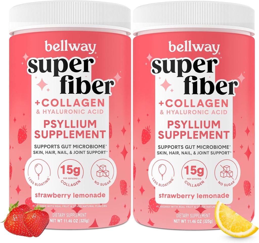 Bellway Super Fiber Powder + Collagen (2 Pack), Sugar-Free Psyllium Husk Powder met Collageen Peptides for Gut Health, Healthy Skin, Nails, Bones & Joints, Strawberry Lemonade (22,92 oz)