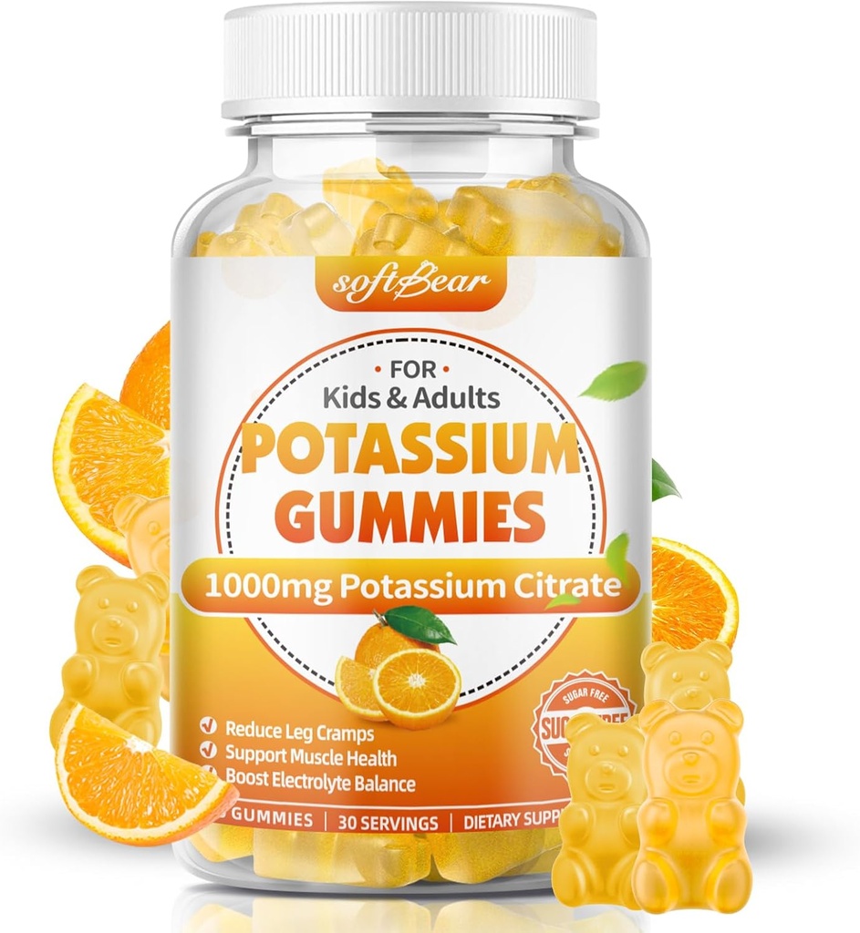 softbear Kalium citraat 1000mg, Suikervrije Kalium Gummies voor Volwassenen Ondersteuning Been Krampen & Muscle Health Hoge Potency Kalium Supplement Gummies Orange Flavor 60 Tellen
