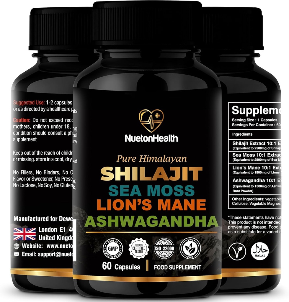 Shilajit, Sea Moss, Lion's Mane en Ashwagandha Capsules - Uitgebreide All-in-One Wellness Supplement voor geest, lichaam en vitaliteit - 60 Vegan Capsules