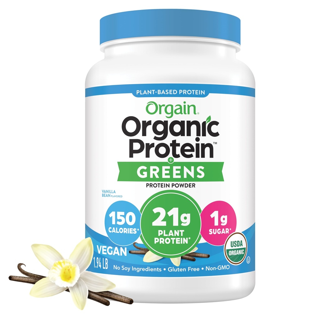 Orgain Organic Vegan Protein Powder + Greens, Vanilla Bean - 21g Plant Based Protein, Glutenvrij, Zuivelvrij, Lactosevrij, Sojavrij, Geen Suiker Toegevoegd, Met Iron & Prebiotics for Gut Health - 1.94lb