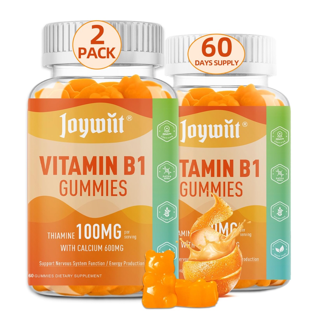Vitamine B1 Gummies 100mg voor volwassenen en kinderen, Thiamine B1 Supplement met 600mg Calcium, Zenuwstelsel ondersteunt & Boost Energy, Orange Flavor, Non GMO, Vegan, 120 Kauwbare Gummies