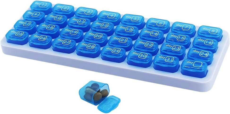 Monthly Pill Organizer, Large Travel Pill Box 31 Day, Daily Pill Case, Pill Holder Container for Vitamin, Medicine, Supplement, Fish Oil, Blue