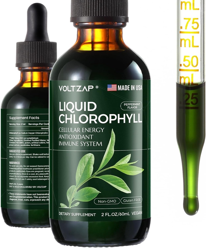 Chlorophyll Liquid Drops - Premium Liquid Chlorophyll Supplements for Immune Support, Energy Increase, Digestive Support, Gut & Skin Health - Natural & Non-GMO & Vegan Mint Flavored 2fl.oz