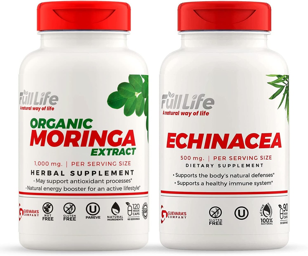 Full Life Moringa en Echinacea Capsules - Kruidensupplement - Moringa Pillen voor vrouwen en mannen - Natural Energy Booster - Kosher, Glutenvrij - Veggie Caps