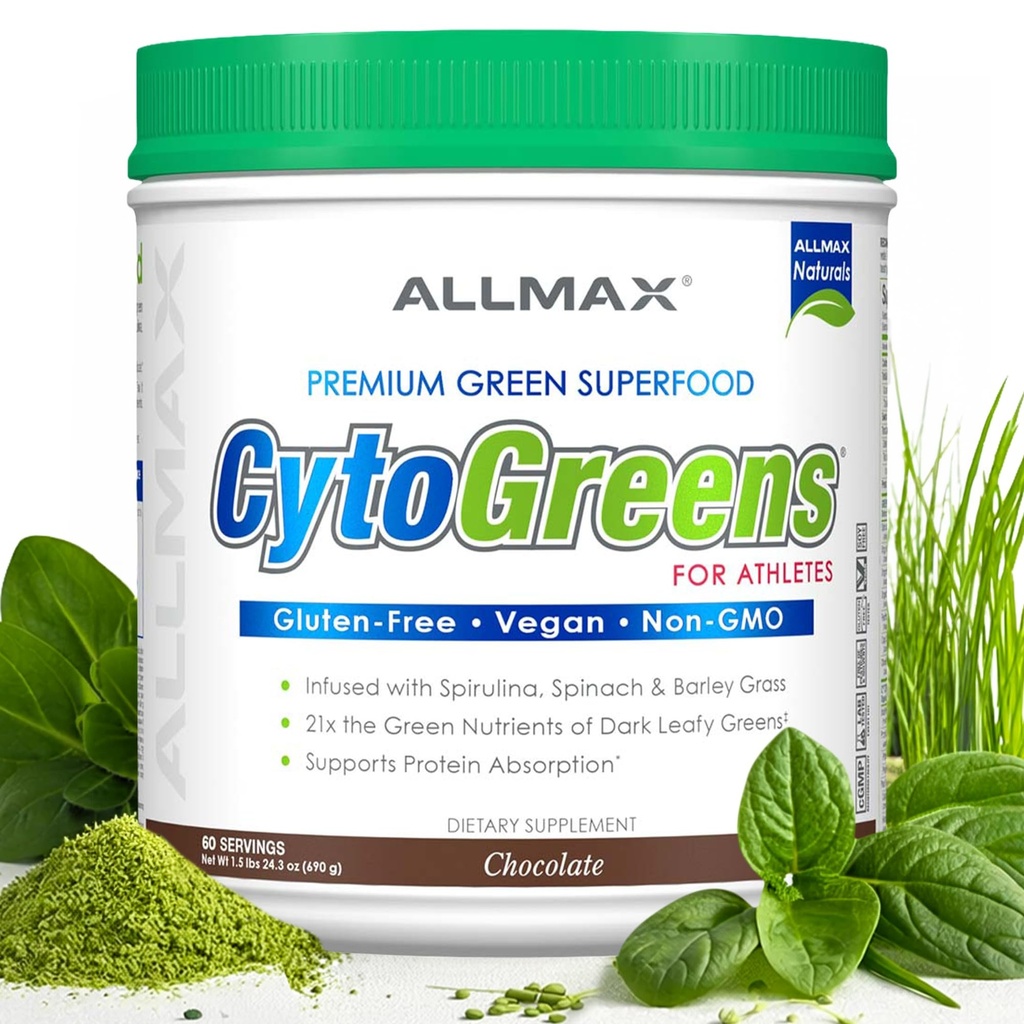 ALLMAX CYTOGREENS, Chocolade - 1,5 lbs - Ondersteunt prestaties, herstel en energie - met Spirulina, Chlorella,
