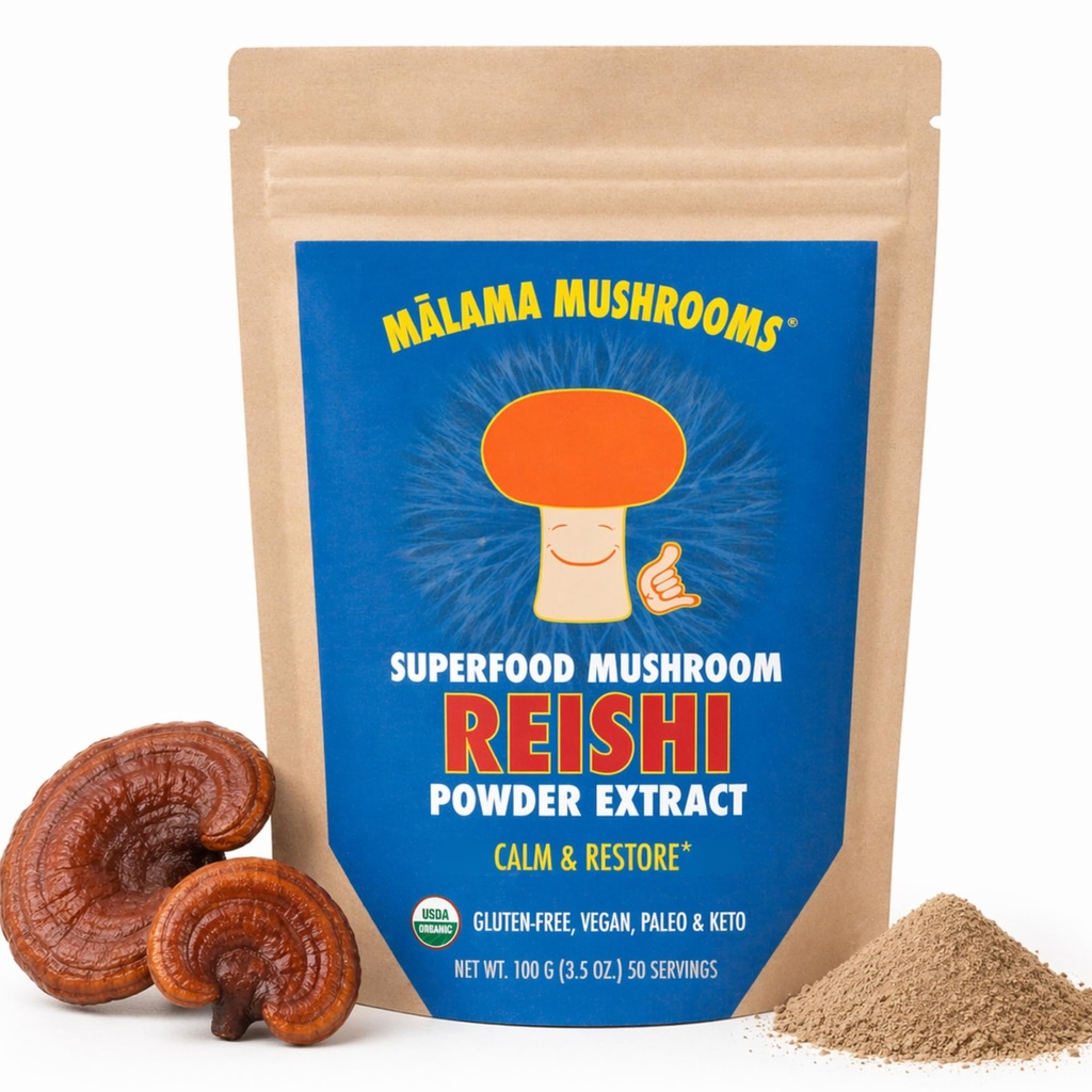 Malama Organic Reishi Mushroom Powder, Pure Fruiting Body Extract, Adaptogene Superfood voor Immune Ondersteuning en Wellness, 100 porties