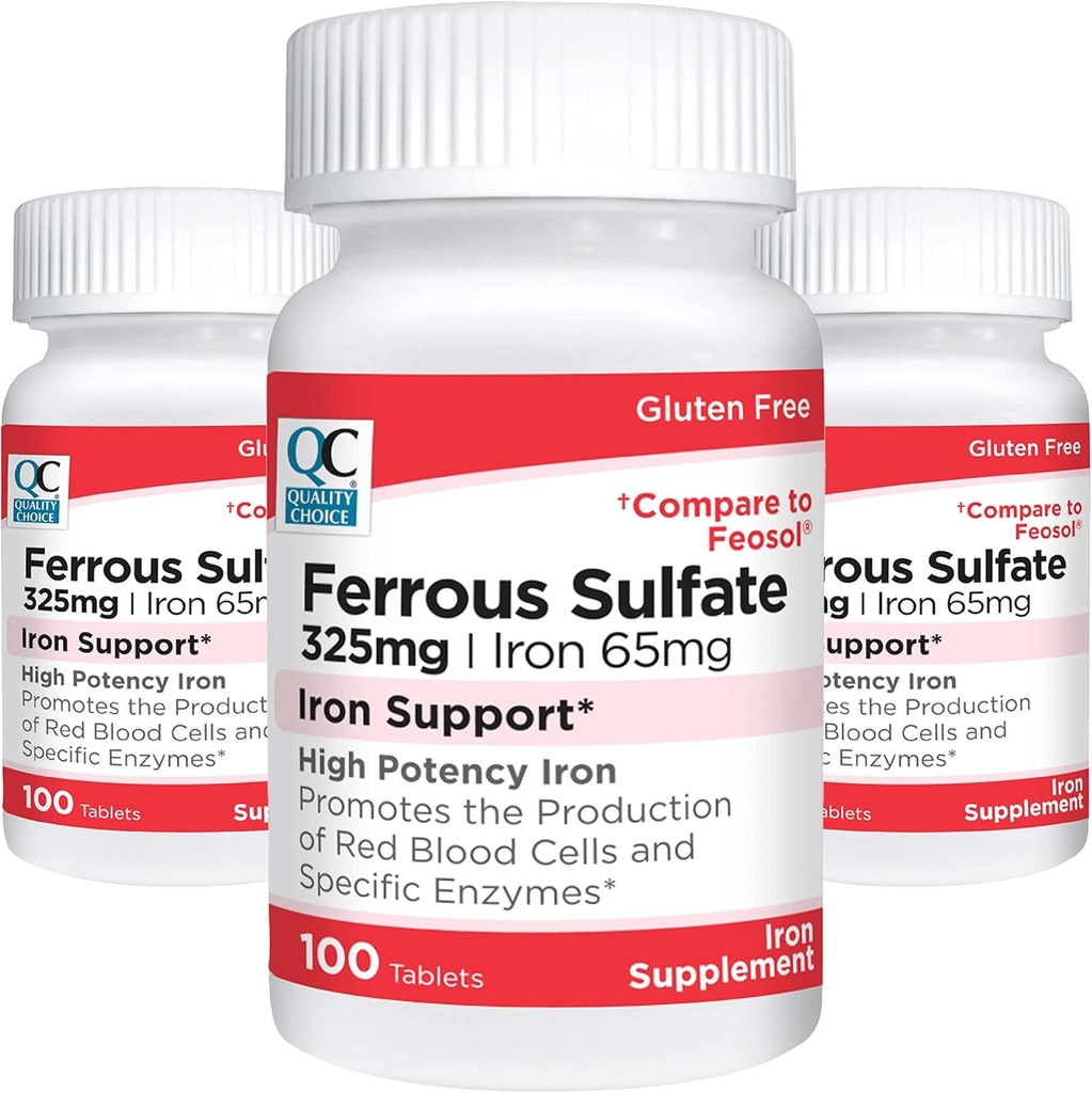 Quality Choice Iron 65 mg (325 mg Ferrous Sulfate) High Potency Iron Support Supplement Tablets in 100 Telflesjes (3 Verpakking)