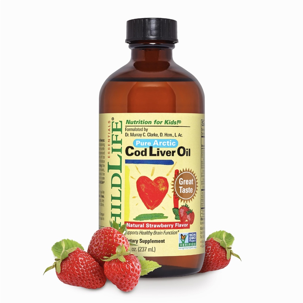 KINDLIFE ESSENTIALS Koolleverolie voor kinderen - Kids kabeljauw Leverolie vloeibaar, voor baby's 6+ maanden, peuters, Toegevoegd DHA, EPA, Omega-3 vetzuren - Aardbei, 8 fl oz