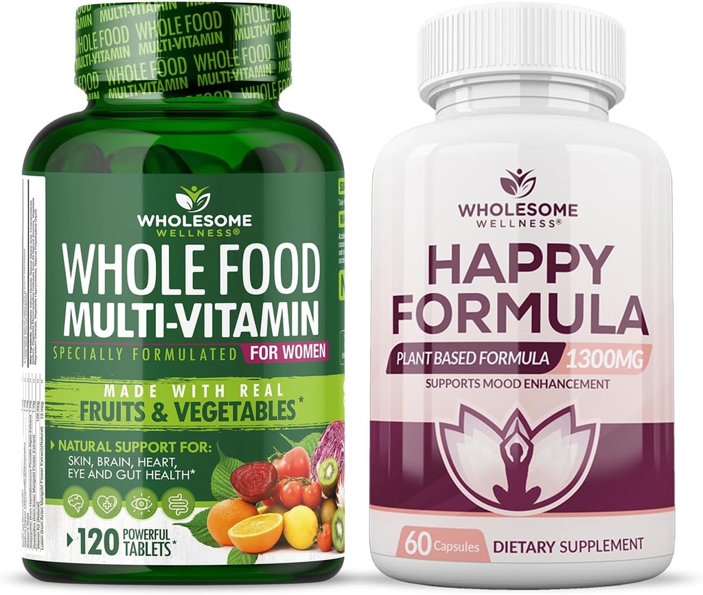 Wholesome Wellness Whole Food Multivitamin for Women - Natural Multi Vitamins, Minerals, Organic Extracts Happy Formula Natural Formula Relief Supplement Bundle