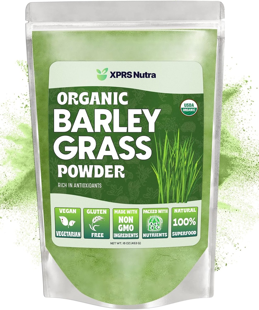 XPRS Nutra Organic Barley Grass Powder - 16 Ounce Premium Barley Powder Rijk aan antioxidanten, Aminozuren en eiwit - Barley Green Superfood for Immunity