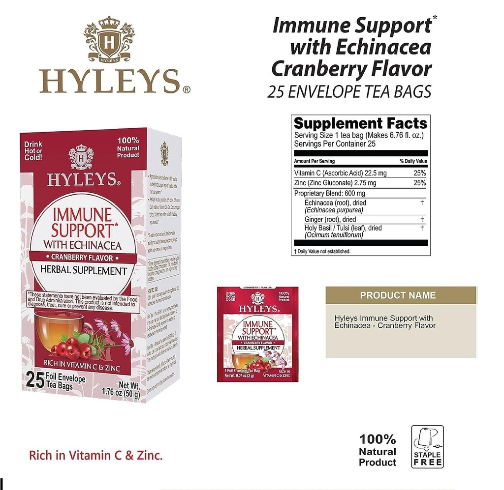 HYLEYS Immuniteitsthee met Echinacea Cranberry Flavor - 25 theezakjes (1 verpakking) - Ondersteuning van uw immuunsysteem