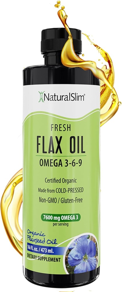 NaturalSlim Flax seed Oil Liquid Fresh Taste Flax Oil Organic Cold Pressed & High in Omega 3 6 9 Fatty Acid Flax Seed Supplement for Healthy Cells, Hair, Skin, & Nails - Fresh Taste 16 fl. Oz.