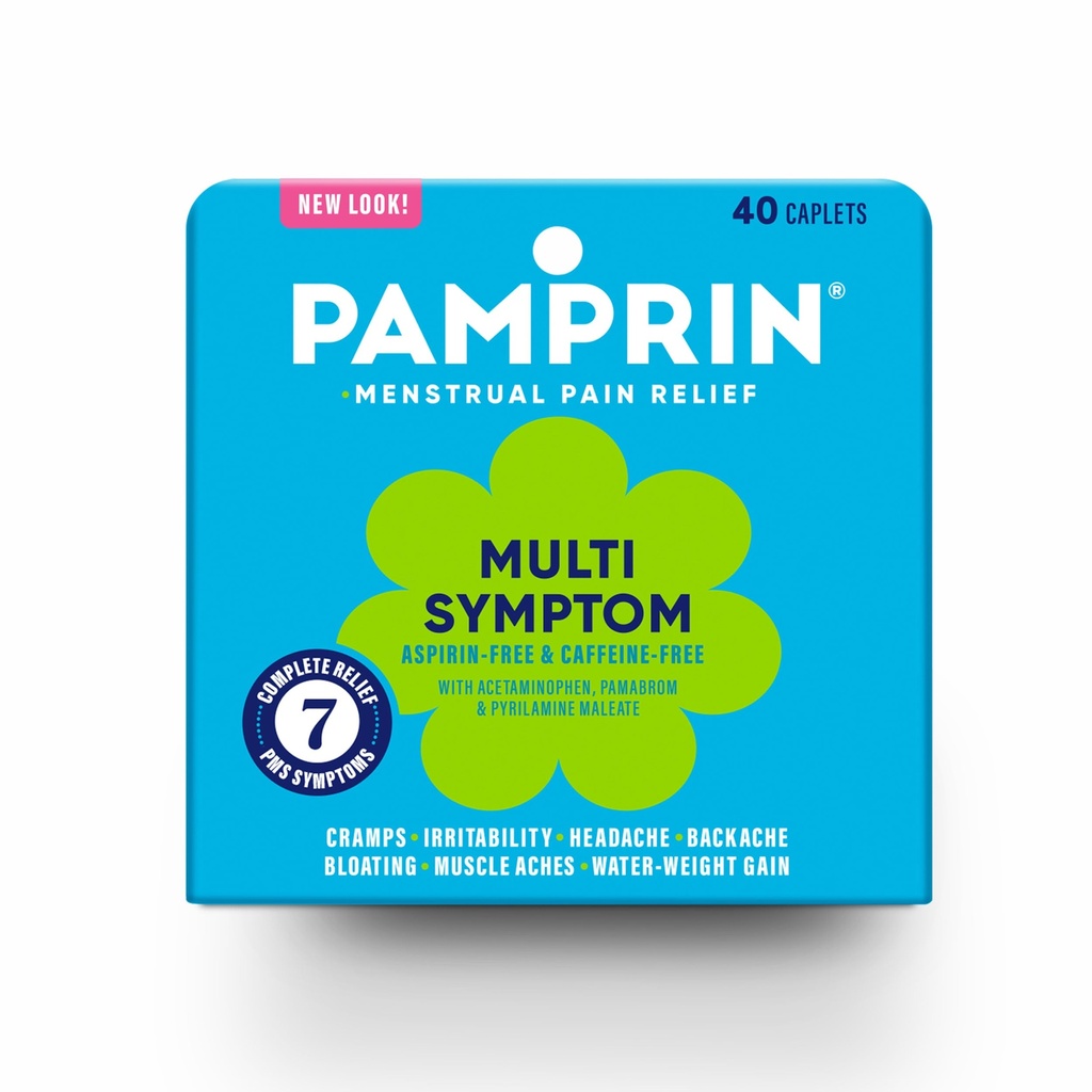 Pamprin Multi-Symptoom Formula, met acetaataminofen, Menstruele periode symptomen Verlichting met inbegrip van krampen, pijn, opgeblazenheid, en prikkelbaarheid 40 Caplets