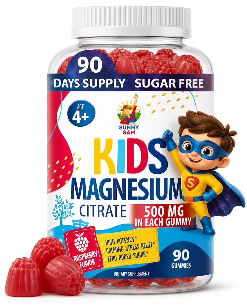Suikervrije Magnesium Gummies for Kids & Teens - 500mg Calm Magnesium Citrate - Kauwbare Magnesium Gummy Supplement for Sleep, Mood & Muscle Support - 90 Gummies