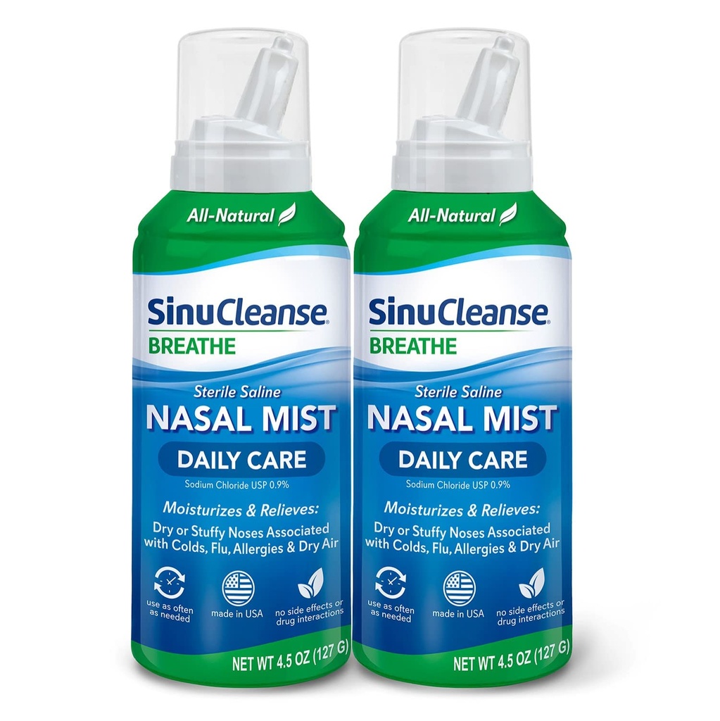 SinuCleanse Daily Care Steriele Saline Neusspray, Ultra Fine Mist, onmiddellijk vocht & Relieves Everyday Nasal Congestie door koude en droge lucht, 4,5 Oz (2 Pack), Made in USA