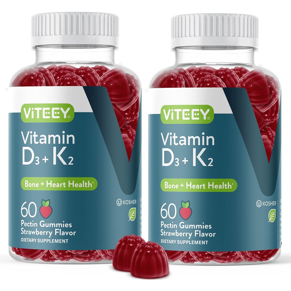 VITEEY Vitamine D3 K2 Gummies - 1000 IE Vitamine D3 en K2 100 mcg - Bone & Heart Health for Adults and Teens - Vegetarisch, Gelatine Free, GGO Free - Smakelijke Kauwbare D3K2 Vitaminen Aardbei Flavored Gummy