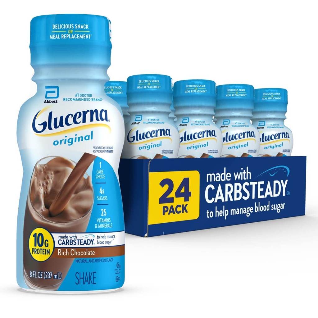 Glucerna Original Diabetes Care Shake, Rijke Chocolade, Diabetische Maaltijd Vervanging ter ondersteuning van bloedsuiker management, 10g eiwit, 180 Calorieën, Klaar om te drinken, 8-fl-oz fles, 24 Pack