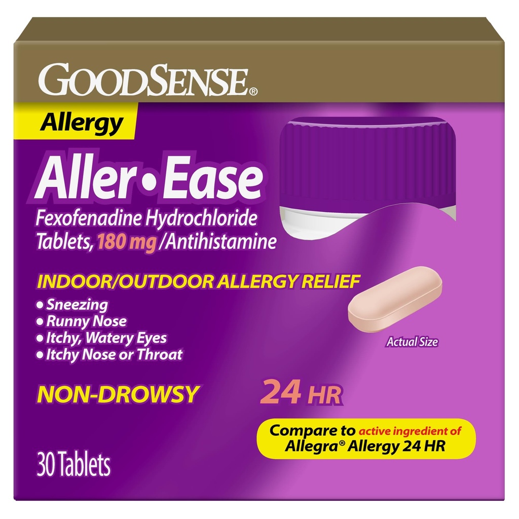GoodSense Aller-Ease - Fexofenadine Hydrochloroide 180 mg tabletten - 24-uurs Allergie Geneeskunde voor Indoor & Outdoor Relief, 30 Tel.