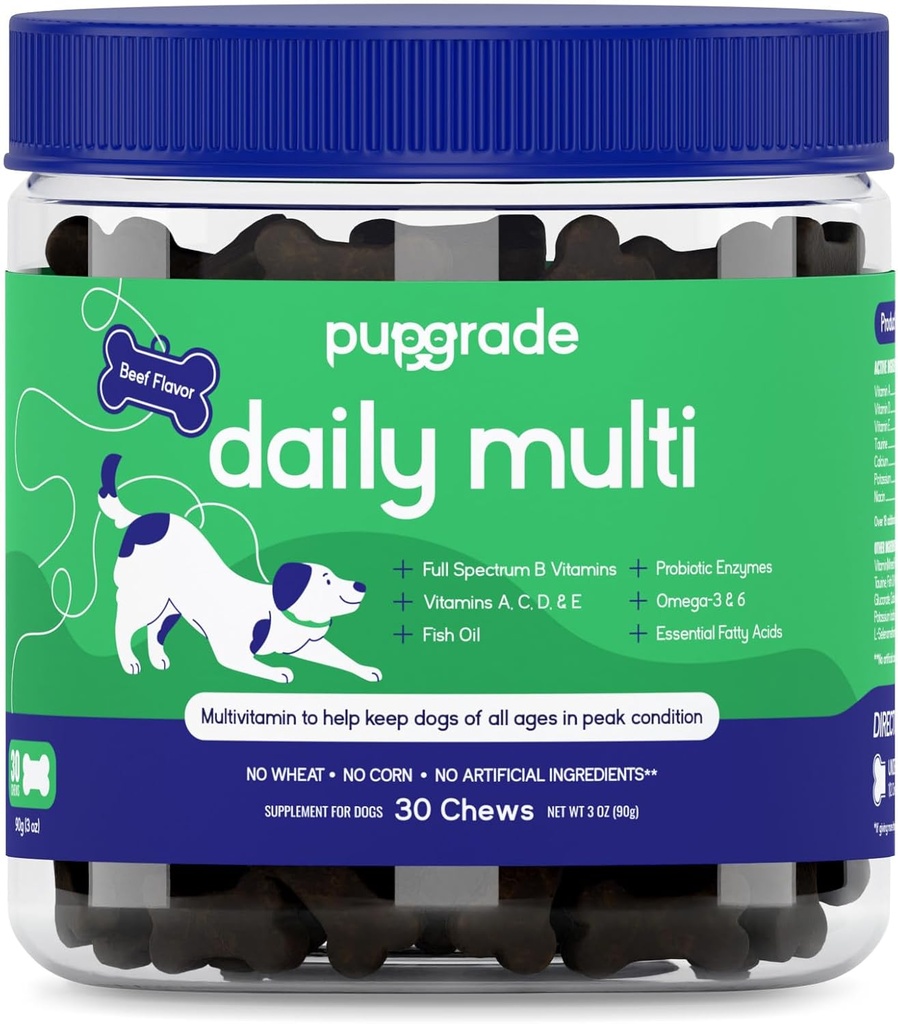 PupGrade Daily Multivitamine voor honden - All-in-One Supplement voor spijsverterings-, immuun-, huid- en jasgezondheid - 32 gezonde voedingsstoffen, probiotische enzymen, omega-visolie, vitamine A, C, D & E - 30 zachte kauwen