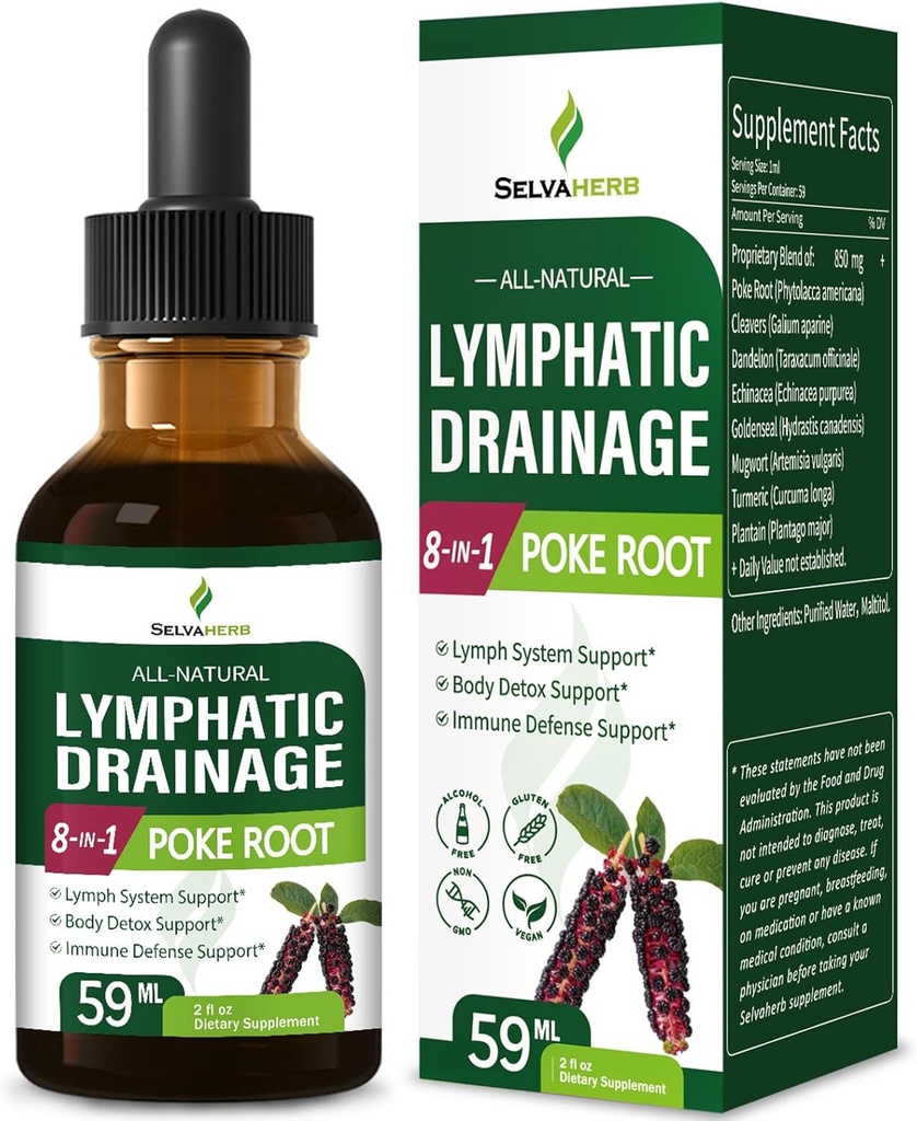 Lymfatische Drainage Drops voor Lymph System Support, Body Detox & Immune Defense Ondersteuning Kruidensupplementen met Poke Root(Phytolacca Americana) Clears Dandelion Echinacea Extract. 2oz