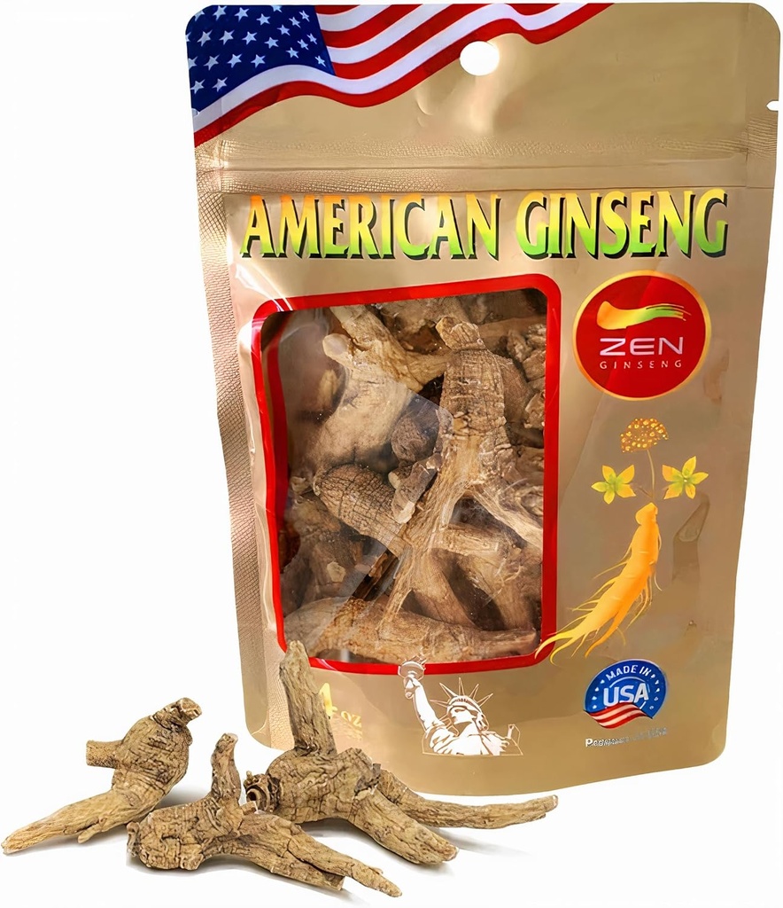 Zen Ginseng - 4 oz Zak met ongetrimpte Amerikaanse Ginseng - Non-GMO, Glutenvrij. Voeg deze Ginseng toe in soep, thee, koffie, sappen, sappen en bakken (Barrel Root 4 oz Bag)