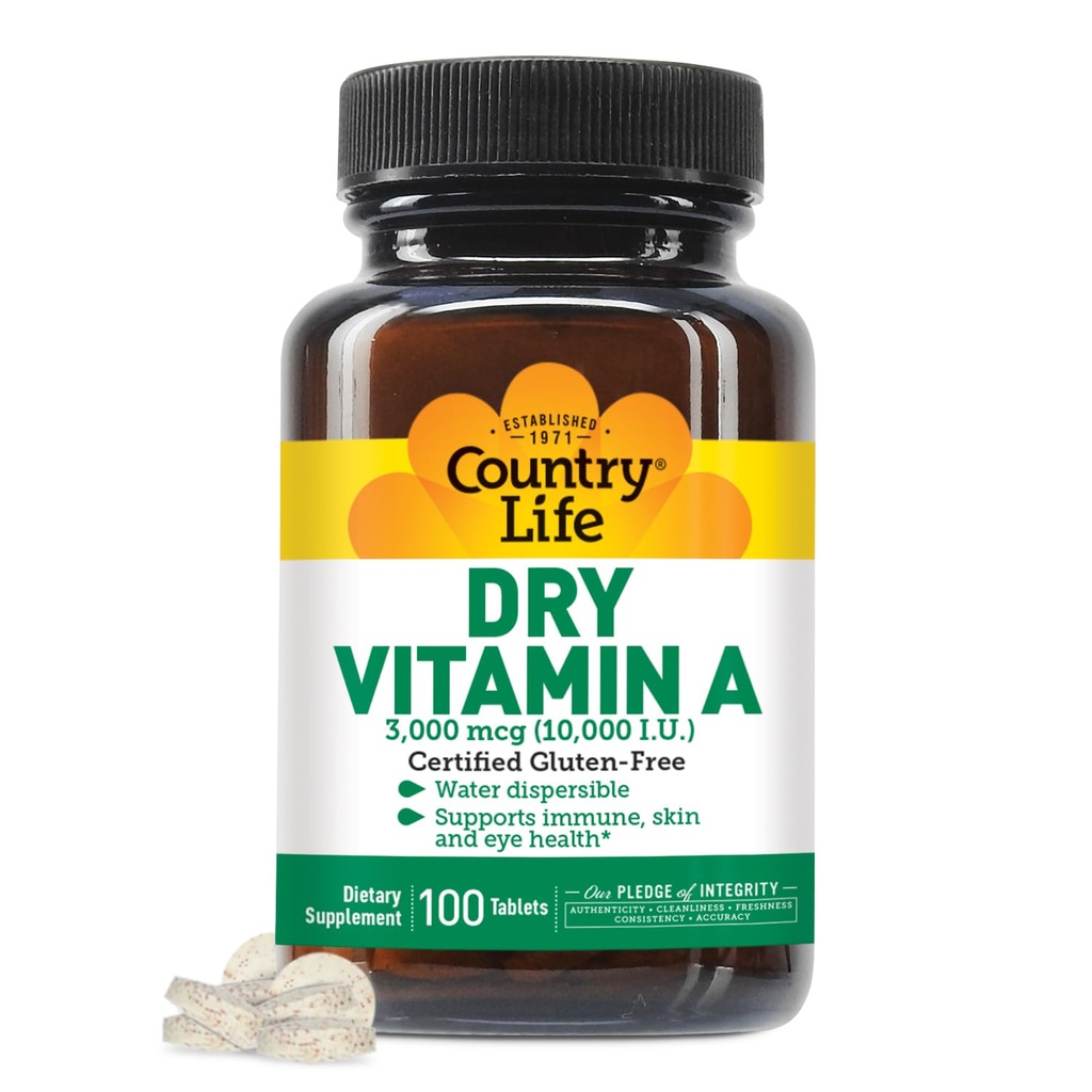 Country Life Vitamine A 10.000 IE - Immune Support, Skin & Eye Health Supplement, Certified Gluten-Free, Vegan, Halal, Kosher, 50% Beta-Caroteen & 50% Retinyl Palmitate, Easy Absorptie - 100 tabletten