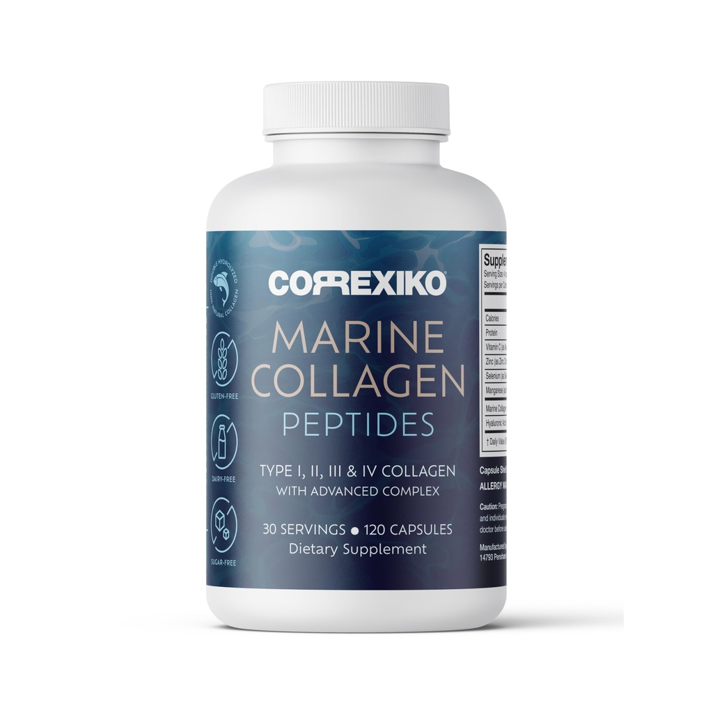 CORRIXIKO Marine Collageen Supplement Pillen - 1800mg Gehydrolyseerde Collageen Peptiden per Serveren met Toegevoegd Hyaluronzuur, Vitamine C & Minerals - voor haar, huid & Nails - 120 Capsules 30 dagen Levering