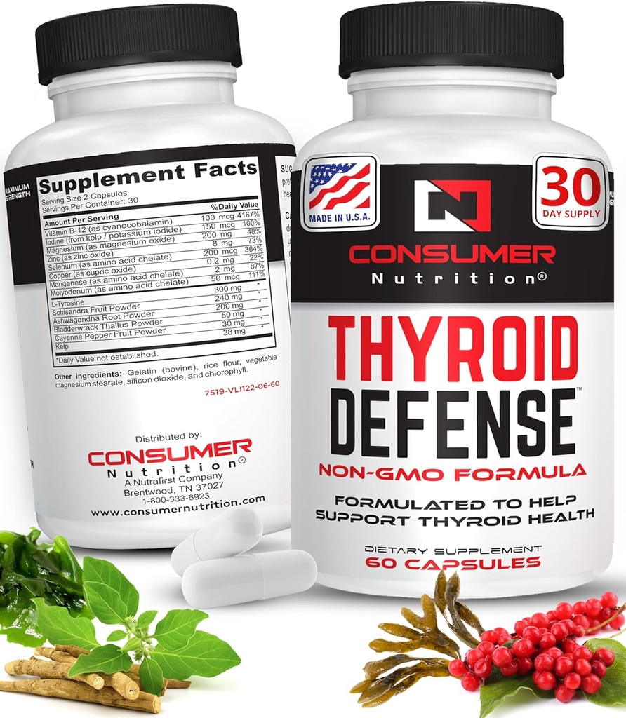 Schildklierondersteuning voor vrouwen en mannen - Ashwagandha, Cayenne, Schisandra, & Kelp for Thyroid Health - Zink, Vitamine B12 & Jodium supplementen voor schildklier - Schildklier verdediging 30 capsules