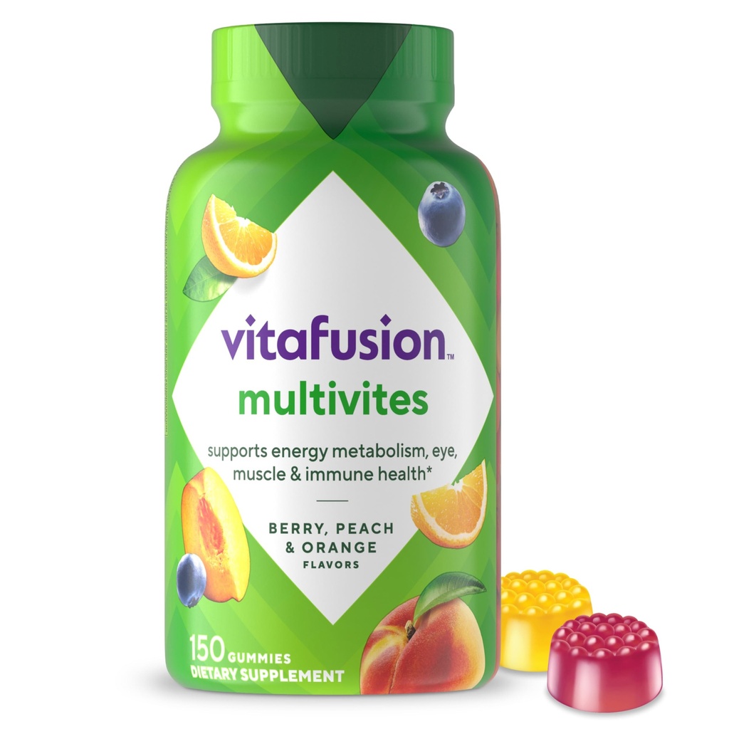 Vitafusion MultiVites Gummy Multivitamines voor volwassenen met 12 vitamines en mineralen, Berry, Peach en Orange Flavored, Amerika