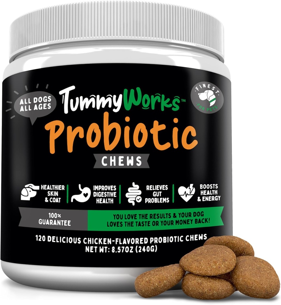 TummyWorks Probiotic 120 Zachte Kauwen voor honden Alle leeftijden - Ondersteunt spijsverteringsziekten Gezondheid, Verlicht diarree, constipatie, Goed voor jeuken, Allergieën, Gistinfecties. Toegevoegd spijsverteringsenzymen, Made in USA