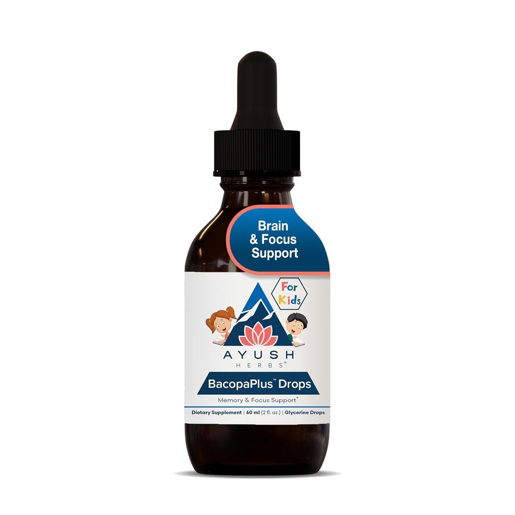 Ayush kruiden BacopaPlus druppels voor kinderen - Kinderen Focus en aandacht Supplement met Bacopa, Ashwagandha, Ginkgo, Ondersteuning voor Hersenen & Geheugen, Biologische Ingrediënten - 2 Fl Oz (80 Servers)